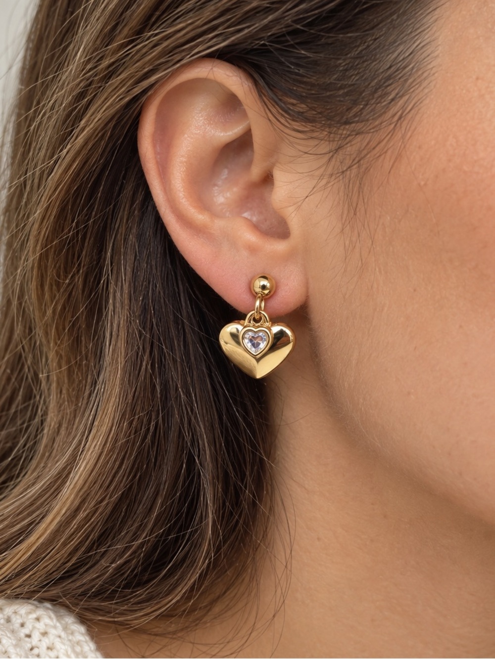 Gold Heart Drop Earrings with Crystal Heart Accent